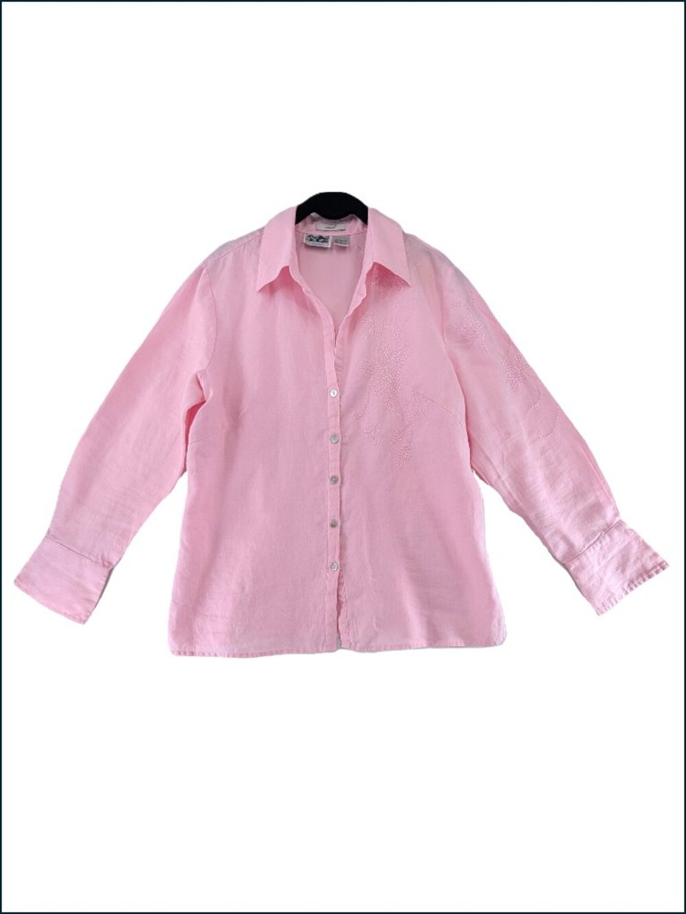 VTG Edward Irish Linen Blouse Shirt Top Womens Sz Large Pink Embroidery Long Slv